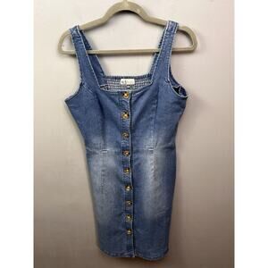 Go Fish Denim Dress Womens 8 Blue Stretch Jean Button Front Sleeveless Smocked‎
